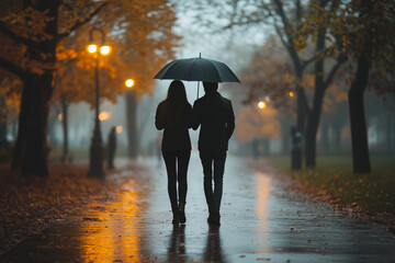 Couple walking in the rain under a single umbrella silhouette