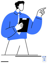 Business professional holding a clipboard while pointing decisively. Ideal for leadership, teamwork, business strategy, management, coaching, guidance, and simple landing page