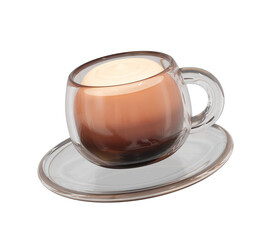 Clear glass coffee cup with creamy foam on transparent background