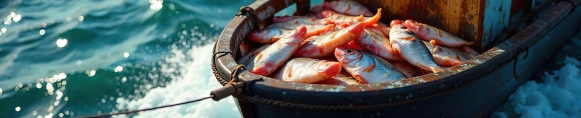 A fishing trawler pulls in its net, brimming with a glistening catch of freshly caught fillets, the ocean spray a backdrop to the bountiful harvest , horizon, ocean, catch