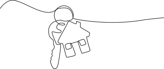 continuous line art drawing of a house with a key, Set of keys against white background, Continuous one line art drawing symbol of house keys, Real Estate Line Icon Vector Illustration.