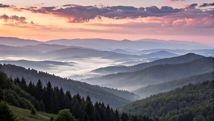 Serene sunrise over misty mountain ranges and lush forests