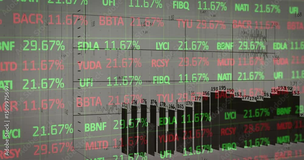 Poster projection starting tickers updating, bars rising and line graph tracing to visualize data trends