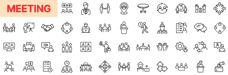 Meeting and Business Collaboration Line Icon Design Featuring Group Discussions, Planning Sessions, Conference Tables, Speaker Presentations, Strategy Talks, Agenda Notes, Remote Meetings, and Team De