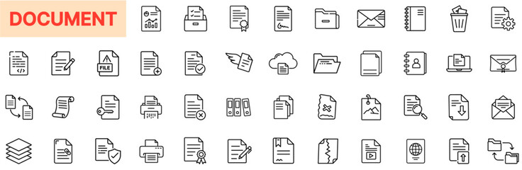 Document and File Management Line Icon Design Featuring Folders, PDF Files, Scanned Papers, Digital Letters, Uploads, Downloads, Email Icons, Print Settings, Cloud Storage, and Office Paperwork Operat