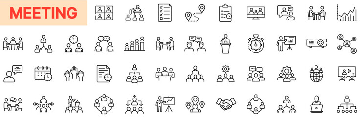 Meeting and Collaboration Line Icon Design Featuring Team Discussions, Business Planning, Group Presentations, Video Calls, Conference Tables, Organizational Charts, Speaker Sessions, and Strategic De
