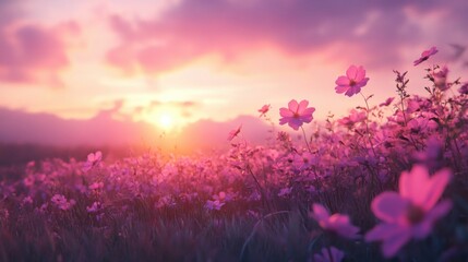 Sunset blooming flowers meadow nature photography vibrant landscape captivating view serenity and beauty