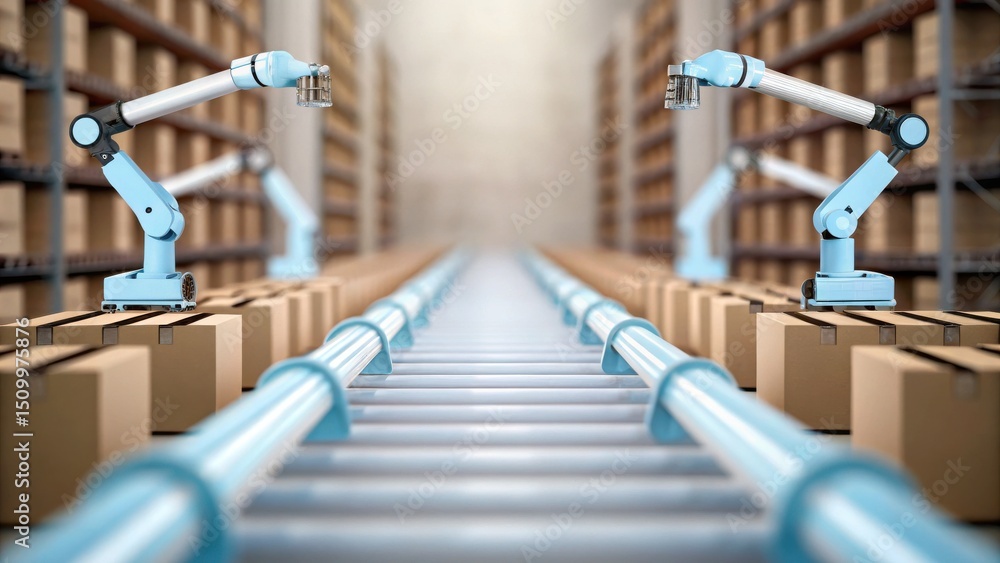 Aufkleber automated robotic arms sorting boxes on a conveyor belt in a modern warehouse.
