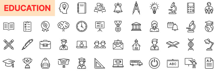 Fototapeta premium Education and Learning Line Icon Design Featuring School Supplies, Students, Teachers, Graduation, Online Learning, Classrooms, Books, Exams, Diploma Awards, Study Charts, Timetables, and Knowledge To