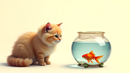 Orange Kitten Observing Goldfish in a Glass Bowl
