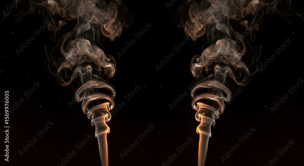 Poster symmetrical smoke patterns against a dark backdrop for abstract design
