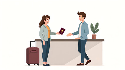 Obraz premium Pixel Art Travel Check in Man and Woman at Reception Desk