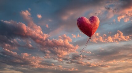 Heart-shaped balloon floating in colorful sunset sky nature photography emotional atmosphere scenic view