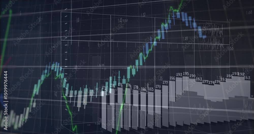 Poster emerging dark grid animating 3d finance graph with bars, candlesticks and lines showing market gro