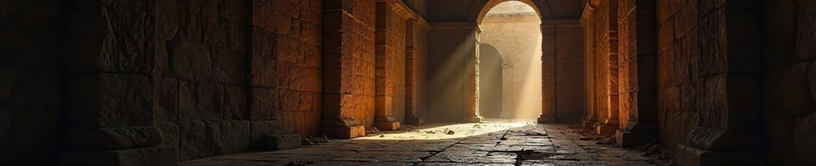 Fototapeta premium A shadowy, dimly lit corridor leading to an ancient sarcophagus, hinting at the unknown terrors within The atmosphere is thick with suspense and the feeling of impending doom , shadow, eerie