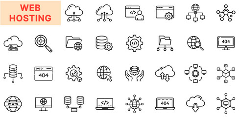 Web Hosting and Server Management Line Icon Design Featuring Cloud Uploads, 404 Error Pages, Global Connections, Coding Panels, Database Stacks, File Folders, Server Racks, Gear Settings, Network Node