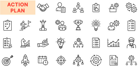 95132Action Plan and Strategic Execution Line Icon Design Featuring Goal Targets, Task Checklists, Handshake Agreements, Idea Bulbs, Growth Charts, Rocket Launches, Leadership Teams, File Docume8 (11)