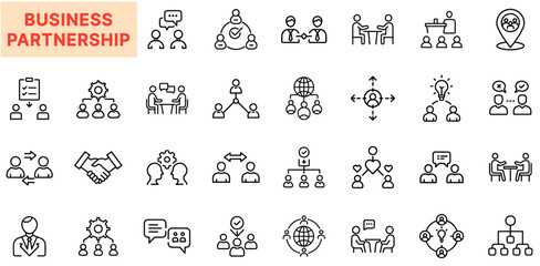 Business Partnership and Corporate Collaboration Line Icon Design Featuring Handshakes, Group Meetings, Team Discussions, Global Networking, Flow Charts, Idea Exchanges, Strategic Alliances