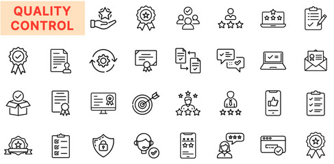 Quality Control and Product Assurance Line Icon Design Featuring Rating Stars, Certificates, Checklists, Approval Badges, Review Forms, Verification Seals, Feedback Boxes, Computer Screens, Target Acc