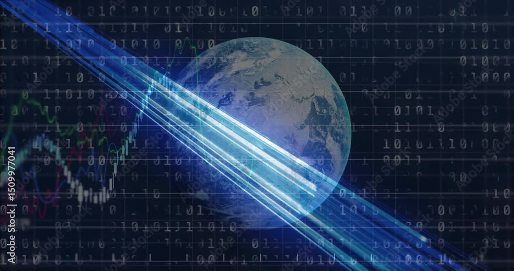 Poster emerging blue beam sweeping over 3d earth with scrolling binary digits visualizing financial chart