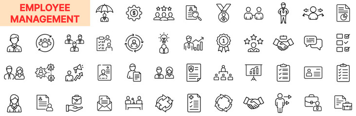Employee Management and Workplace Coordination Line Icon Design Featuring Team Structures, Job Profiles, Staff Ratings, Award Medals, Performance Charts, Task Lists, Communication Bubbles