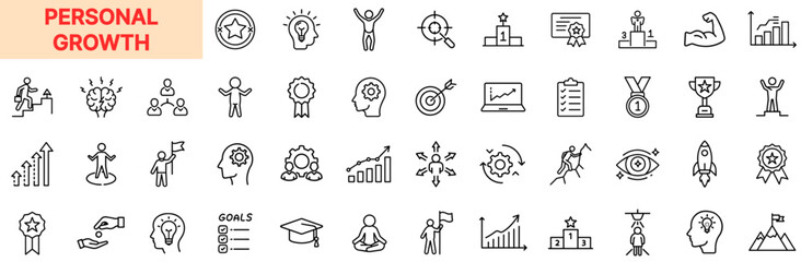 Personal Growth and Self Development Line Icon Design Featuring Goal Charts, Mindset Heads, Light Bulbs, Medals, Trophies, Graduates, Yoga Poses, Achievement Targets, Learning Books, Strength Muscles