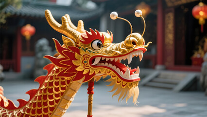 Fototapeta premium Golden Dragon Dance at Chinese Temple Fair, Traditional Festival Celebration and Intangible Cultural Heritage Performance 