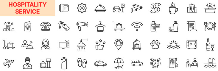 Hospitality Service and Hotel Amenities Line Icon Design Featuring Room Keys, Bell Services, Bathtubs, Coffee Cups, Staff Reception, Hotel Buildings, Spa Showers, WiFi Access, Shampoo Bottles