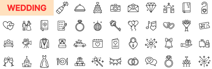Wedding Celebration and Romantic Ceremony Line Icon Design Featuring Wedding Rings, Bridal Dresses, Cakes, Bouquets, Champagne Bottles, Gift Boxes, Photo Cameras, Love Letters, Church Venues