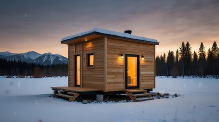 Modern tiny house, Light wooden slats winter landscape. generative.ai