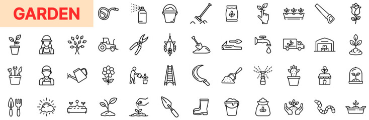Fototapeta premium Garden and Horticulture Equipment Line Icon Design Featuring Watering Cans, Shovels, Seedlings, Pruners, Flower Pots, Fertilizer Bags, Gardening Boots, Sprayers, Rakes, Tractors, Hoses, and Harvest To