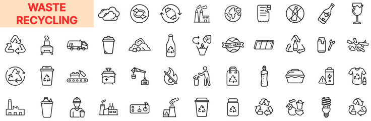 Waste Recycling and Environmental Sustainability Line Icon Design Featuring Trash Bins, Recycle Symbols, Bottles, Sorting Machines, Garbage Trucks, Eco Labels, Paper Waste, Plastic Containers, Compost