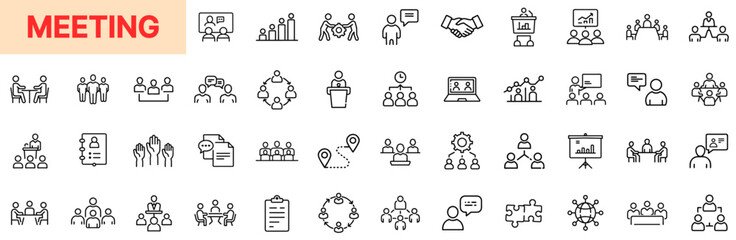 Meeting and Conference Communication Line Icon Design Featuring Team Discussions, Group Presentations, Office Briefings, Speaker Panels, Planning Boards, Remote Calls, Agenda Files, and Business