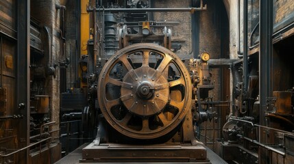 Fototapeta premium Belt-driven mechanical equipment with visible pulleys and tensioners in a working state