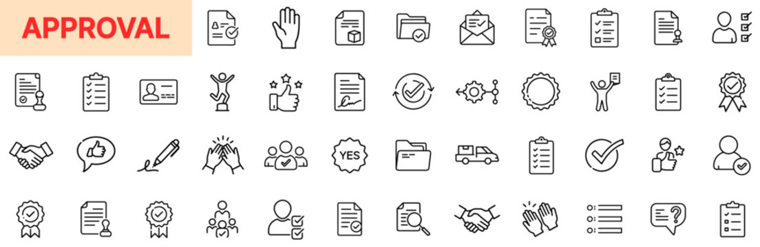 Approval and Authorization Line Icon Design Featuring Check Marks, Certificates, Verified Documents, Signatures, Stamps, Validation Badges, Consent Forms, Agreements, Endorsement Icons, and Positive