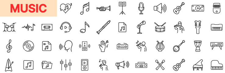 Music Icons Featuring Instruments, Audio Devices, Headphones, Microphones, Musical Notes, Recording Tools, and Sound Playback in Outline Line Icon Design