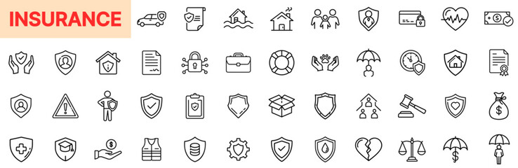 Insurance Icons Covering Life, Health, Property, Vehicle, Legal Protection, Financial Security, and Risk Management in Outline Line Icon Design