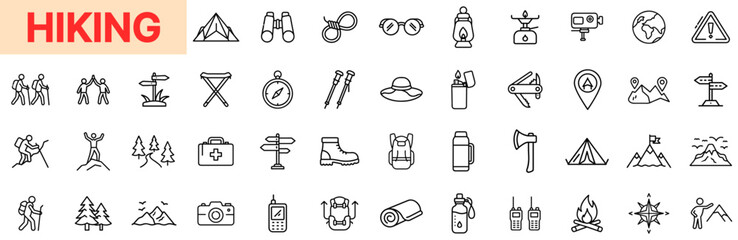 Hiking Icons Featuring Outdoor Gear, Mountain Trails, Navigation Tools, Safety Equipment, Nature Exploration, and Camping Essentials in Outline Line Icon Design