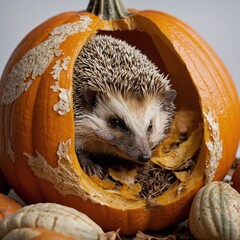 A hedgehog curled up inside a pumpkin shell with white background.