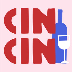 Banner for cafe or restaurant. Cin Cin. Vector illustration on pink background T-shirt design.