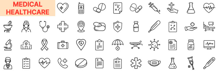 Medical Healthcare Icons Featuring Doctors, Pills, Syringes, Heartbeat Monitors, Emergency Services, and Lab Equipment in Outline Line Icon Design