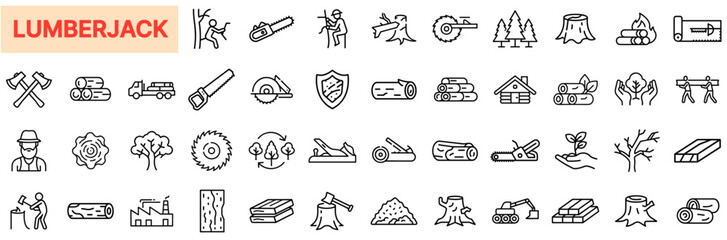 Lumberjack Forestry Tools, Tree Cutting Equipment, Timber Logs, Wood Processing, and Logging Industry Outline Line Icon Design