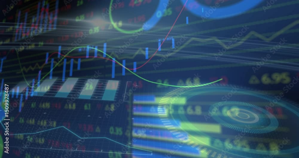 Aufkleber data feed starting animated financial charts morphing across grid while displaying market trends