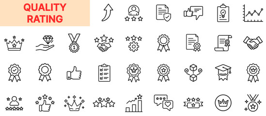 Quality Rating and Customer Satisfaction Line Icon Design Featuring Stars, Thumbs Up, Medals, Certificates, Reviews, Feedback Forms, Crowns, Performance Charts, and Excellence Approval Symbols