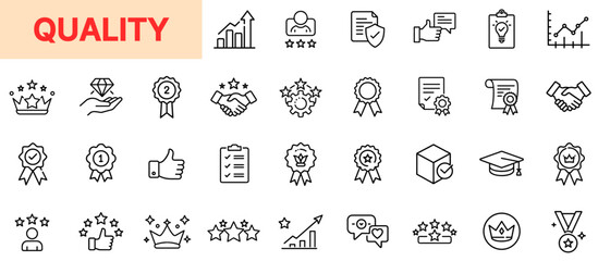 Quality Assurance and Excellence Line Icon Design Featuring Stars, Medals, Certificates, Ratings, Awards, Thumbs Up, Crowns, Performance Charts, Badges, and Top Standard Achievement Symbols