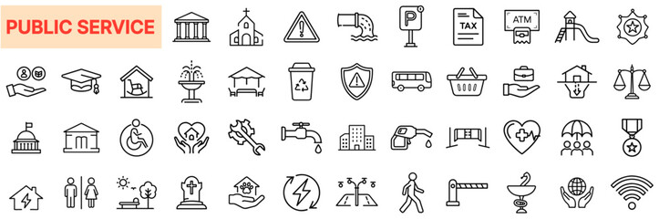 Public Service and Civic Utility Line Icon Design Featuring Education, Healthcare, Transportation, Legal Systems, Recycling, Safety Infrastructure, Water Supply, Accessibility, Emergency Response, and