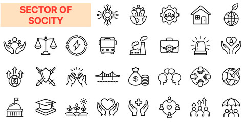 Sectors of Society Line Icon Design Featuring Education, Healthcare, Justice, Economy, Environment, Infrastructure, Welfare, Industry, Culture, Public Safety, Social Inclusion, and Community Developme