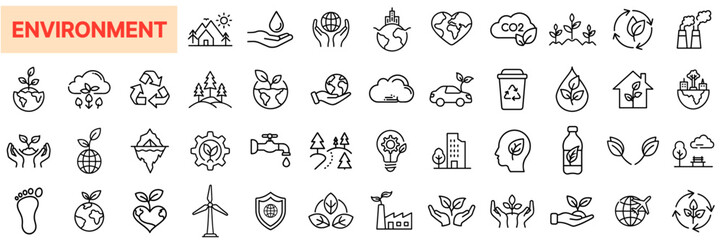 Fototapeta premium Environment and Sustainability Line Icon Design Featuring Eco Symbols, Green Energy, Recycling, Earth Protection, Renewable Resources, Nature Conservation, Clean Water, Tree Planting, and Sustainable 