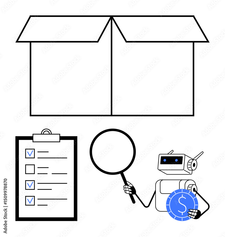 Poster robot inspects checklist with magnifying glass, an open box overhead, coin symbolizing finance. idea