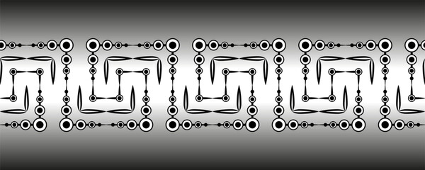 Monochrome abstract zigzag seamless border. Black circles and parallel perpendicular lines. Black complex geometry shapes on gradient background. Clear strict ornament